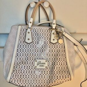 White and gold leather Guess purse